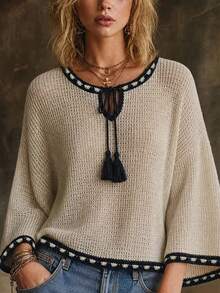 Sweater Pullover Lengan 3/4 Rajut Rumbai Gaya Bohemian Wanita, Pakaian Wajib Musim Gugur - Khaki - View 1