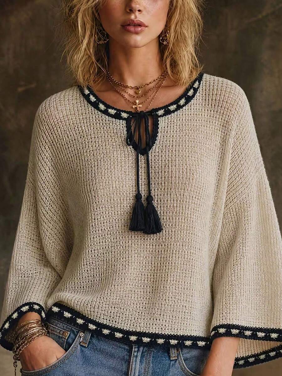 Sweater Pullover Lengan 3/4 Rajut Rumbai Gaya Bohemian Wanita, Pakaian Wajib Musim Gugur - Khaki - View 1