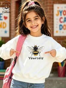 Kids Crewneck Sweatshirt With Bee Print And 'Yourself' Text, Casual Cute Style Long Sleeve Top - White - View 9