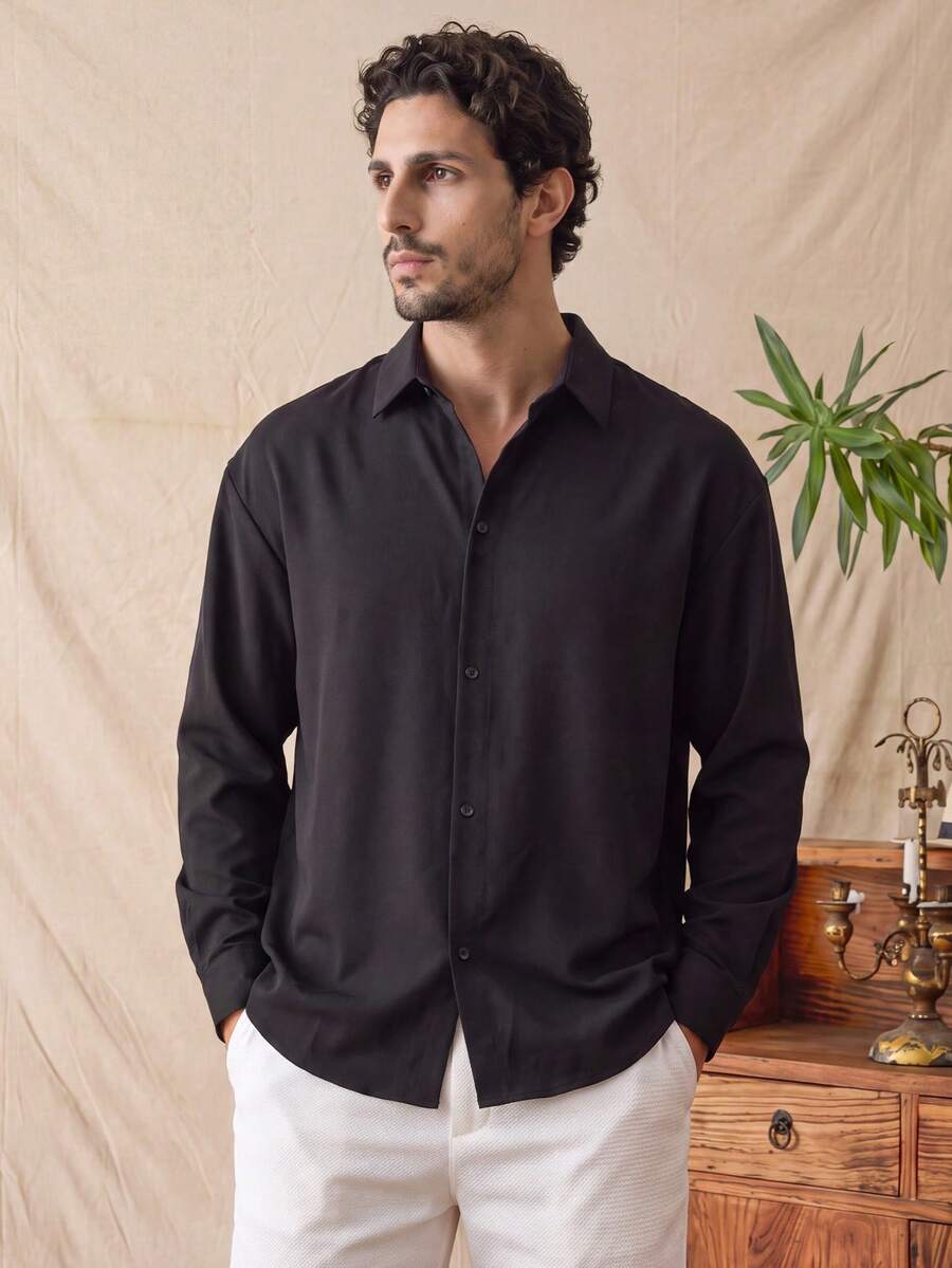 glestore Men's Vintage "Old Money Style" Short Sleeve/Long Sleeve Shirt, Casual Versatile, Commute First Choice, Suitable For Autumn/Winter Wear - Black - View 1