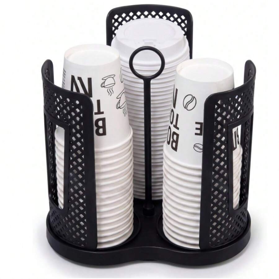 Dispensador de Vasos, Organizador de Vasos Giratorio de 360 Grados, Puede Contener Vasoss y Tapas Desechables, Adecuado para Máquinas de Café, Bares, Mostradores, Mesas de Buffet y Salones - Negro - Ver 1