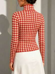 Autumn/Winter Elegant Layering Base Top, Fashionable High Neck Houndstooth Knit Sweater, Casual Vacation Style, Red - Red - View 5