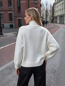 NOVELLE Women's Elegant White Faux Collar Knit Sweater, Soft Loose Drop Shoulder Slouchy Versatile Top For Autumn/Winter, Suitable For Daily, Commuting And Campus - White - View 4