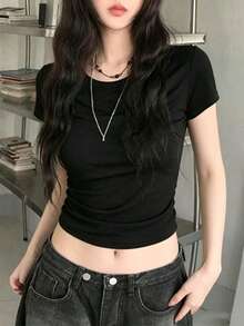 This Red Crew Neck Short Sleeve T-Shirt Features A Letter Print Design, Made Of Soft And Comfortable Fabric, Very Suitable For Daily Wear, And Is An Ideal Choice For Spring And Summer Seasons. Casual Black - Black - View 9