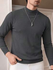 Men's Plus Size Autumn/Winter Commuter Versatile Business Solid Color Mock Neck Sweater - Dark Grey - View 1