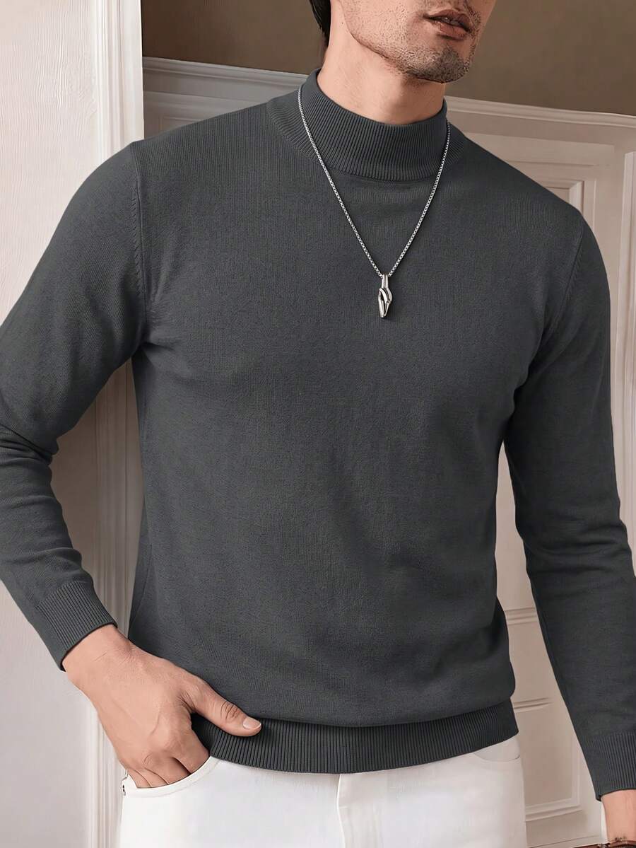 Men's Plus Size Autumn/Winter Commuter Versatile Business Solid Color Mock Neck Sweater - Dark Grey - View 1