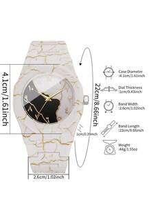 Men's And Women's Plastic Strap Fashion Marble Pattern Arabic Numeral Dial Classic Casual Quartz Wristwatch, Gift For Friends (2pcs/Set) Watch Box Not Included, Note: Strap Pattern Position May Vary - White - View 4
