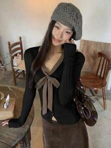 Women's Lazy Plaid Tie V-Neck Cable Knit Sweater, Faux Buttons, Autumn/Winter Knit Base Layer Top - Black - View 9