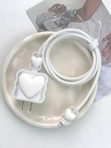 Cute 3D White Heart Decoration Data Cable Protector Set, Compatible With IPhone 18/20W Charger, Data Cable Protector Rope, Charging Head Protector Cover, Anti-Dirt, Cute Japanese And Korean Style - White - View 3