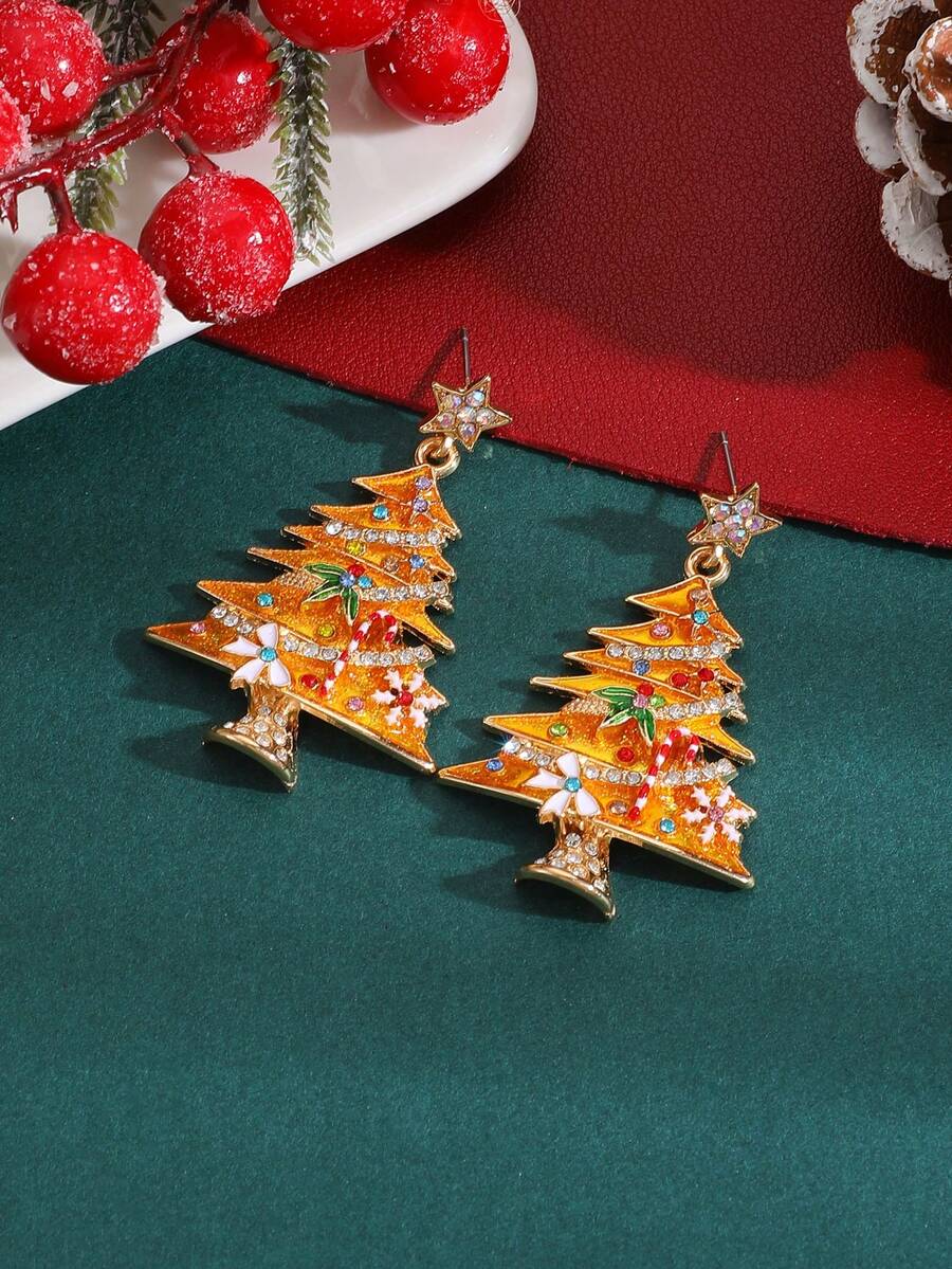 1 Pair Elegant Yellow Rhinestone Christmas Tree & Star Dangle Earrings, Fashionable Personalized Christmas Earrings For Women, Suitable For Christmas Holiday Celebration Party Wear - Yellow - View 1