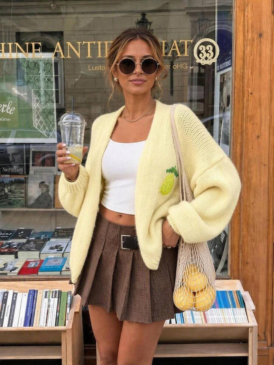 Women's Long Sleeve Knit Cardigan, Contrast Color Print, Casual Loose V-Neck Button-Up Sweater Jacket, Autumn/Winter - Yellow - View 1