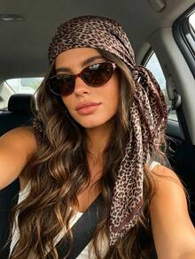1PC Women's Leopard Print Square Scarf 90x90cm, 2026 Spring Summer New Fashion Bandana, Versatile Head Scarf Western Festival Style - Coffee - View 2