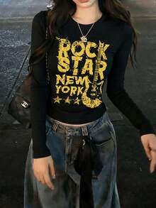 New Black Short Long Sleeve T-Shirt Women Y2K Generation Design English Print Spring Autumn Korean Style Round Neck Versatile Casual Slim Fit Top - Black - View 3