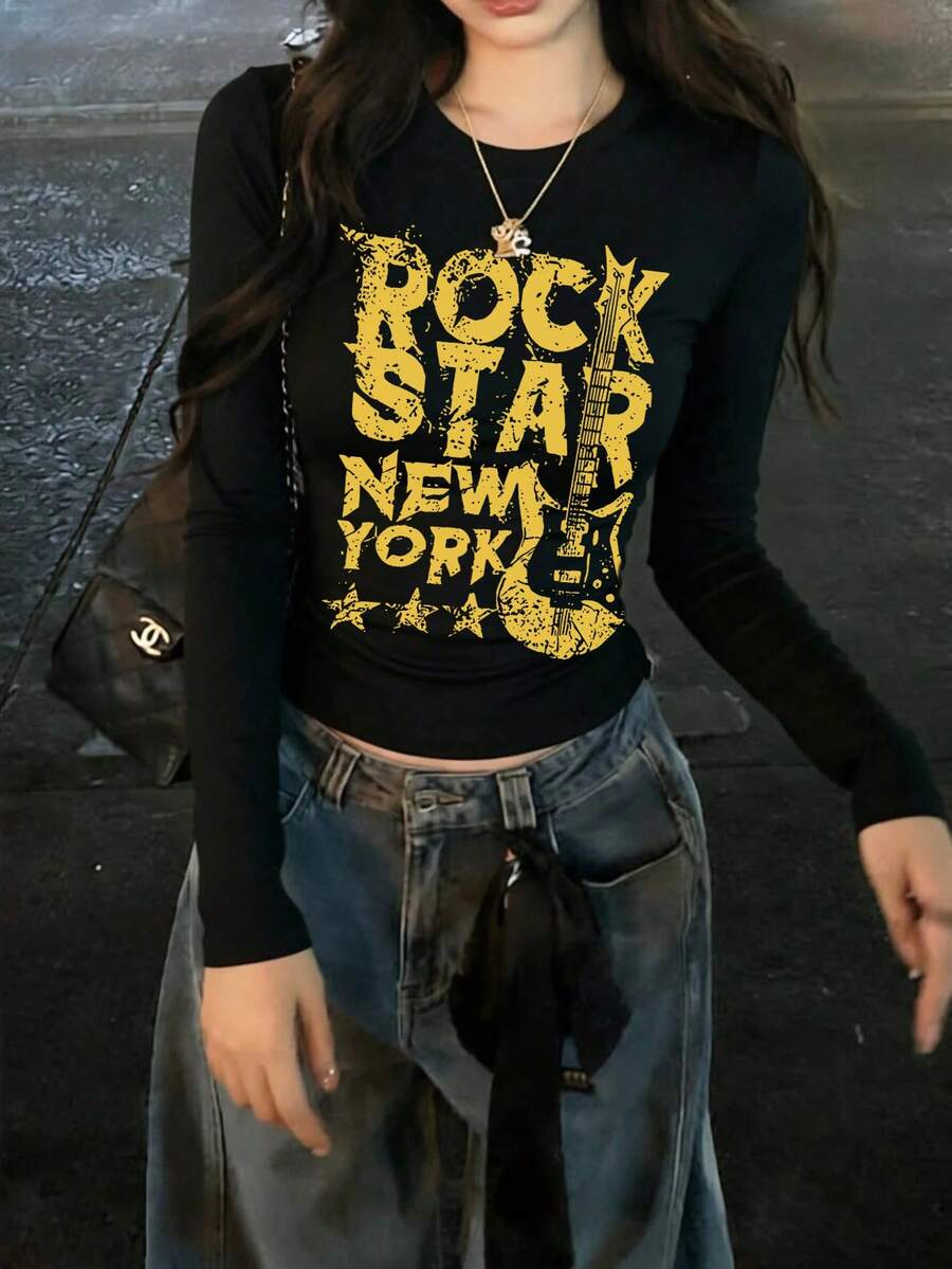 新款黑色短版長袖女款T恤 Y2K世代設計 英文印花 春秋韓風圓領百搭休閒修身上衣 - 黑色 - 查看 1