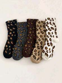 5/1 Pair/Set Women's Leopard Print Mid-Calf Socks, Comfortable Casual Breathable Moisture-Wicking Socks, Fun Novelty Gift Idea, Autumn - Multicolor - View 7
