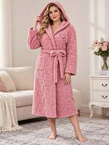 1pc Plus Size Women's Pink Autumn/Winter Soft Style Hooded Bathrobe, Heart Jacquard Tie Waist, Double Pockets, Thick Plush Robe - Pink - View 5