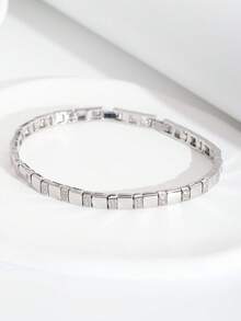 1pc Minimalist Elegant Sparkling Cubic Zirconia Inlaid Polished Square Design Bracelet, Suitable For Women's Wedding And Party Wear, Gift Box Not Included - Silver - View 2
