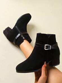 Women's Pointed Toe Fashion Ankle Boots, Comfortable Sole, Side Zipper & Buckle Design, Autumn/Winter Essential Low Heel Western Cowboy Boots, High Heel Boots - Black - View 6