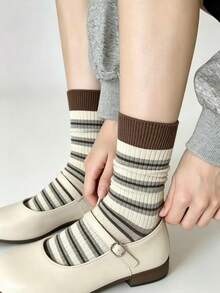 1/5 Pairs Vintage Striped Colorblock Mid-Calf Women's Socks, Soft Skin-Friendly Slouch Socks, Multi-Color Options, Preppy Style For Commute And Daily Wear, Matching Canvas Shoes And Mary Jane Shoes - Multicolor - View 3