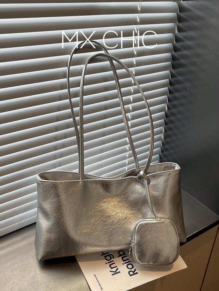 1件女款純色單肩托特包,大容量時尚秋冬新款麂皮手提包,適合辦公、通勤、購物、度假、旅行、送禮 - 銀色 - 查看 1