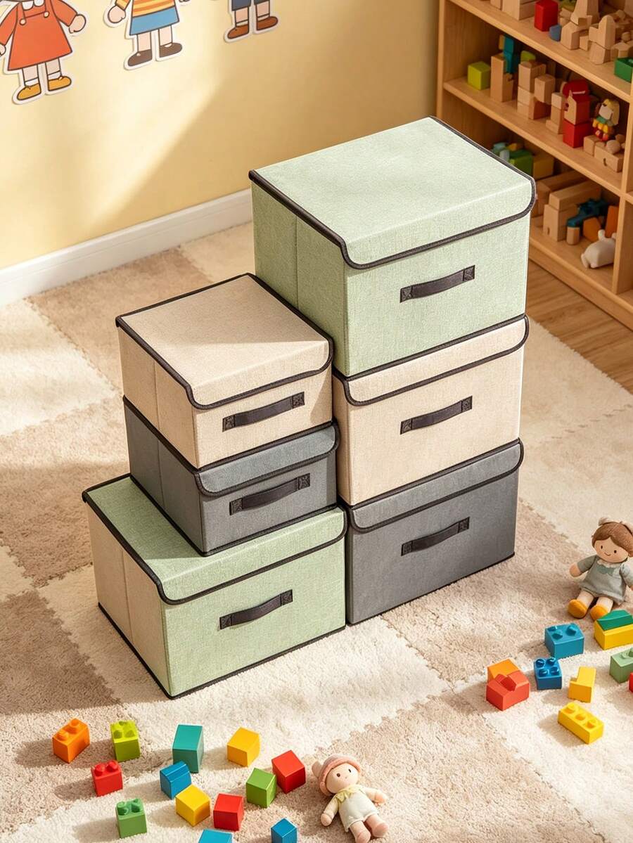 Dust-Proof Foldable Storage Box, Linen-Textured Fabric Organizer With Handles And Lid, Suitable For Bedroom, Closet And Nursery, For Storing Clothes, Plush Toys And Miscellaneous Items - Multicolor - View 1