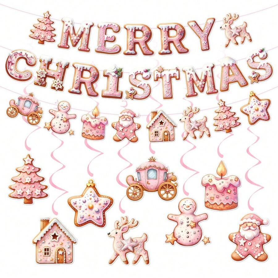 1pc Pink Christmas Decoration Set, Bunting Banner & Spiral Hanging Decor Party Scene Props, Christmas Decoration, Christmas Gift - Multi-color - View 1