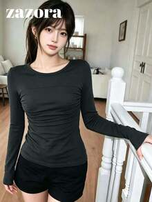 Kaos Dalaman/Kaos Luar Wanita Model Korea Slim Fit Elastis untuk Memperlangsingkan Tubuh, Awal Musim Gugur - Grey - View 5
