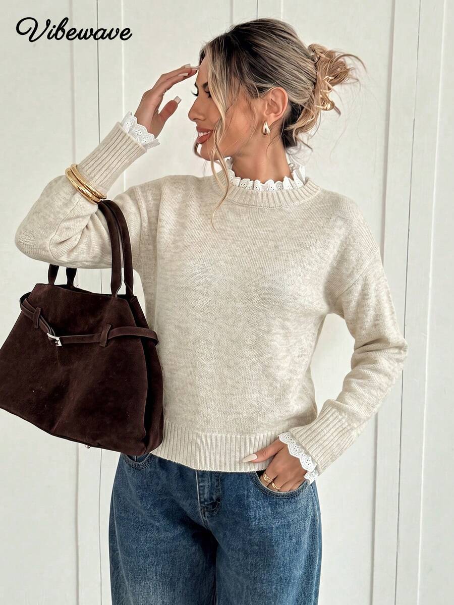 VIBEWAVE Light Gray 2 In 1 White Lace Trim Round Neck Knit Sweater Women Gentle Minimalist Style Loose Short Long Sleeve Pullover Top Spring Autumn Daily Commute Shopping Date Inner Wear - Camel - View 1