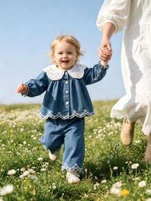 2pcs/Set Baby Girl Cute Style Lace Collar Ruffle Cuff Long Sleeve Top, Lace Elastic Waist Wide Leg Pants, Autumn - Blue - View 3