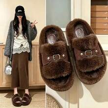 Women Fuzzy House Slippers, Plush Open‑Toe Slides With Metal Buckle, Thick Sole Warm Indoor Home Slippers For Fall Winter - Coffee - View 15