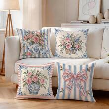 4pcs/1pc Blue And White Porcelain Pot Vintage Floral Pattern Pillow Case, Single-Sided Printed Pillow Case, Suitable For Living Room, Bedroom, Home Decor, All-Season Pillow Case - Multicolor - View 7