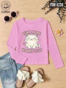 تي شيرت قطني بأكمام راجلان طويلة للبنات، خريف وشتاء، طباعة قطة كرتونية 'PURR MORE WORRY LESS' للارتداء اليومي، أسلوب لطيف وحلو وبناتي أنيق - أحمر فاتح - مشاهدة 1