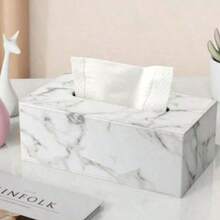 White Marble Pattern Tissue Box PU Leather White Stitching Napkin Dispenser - White Marble - View 1