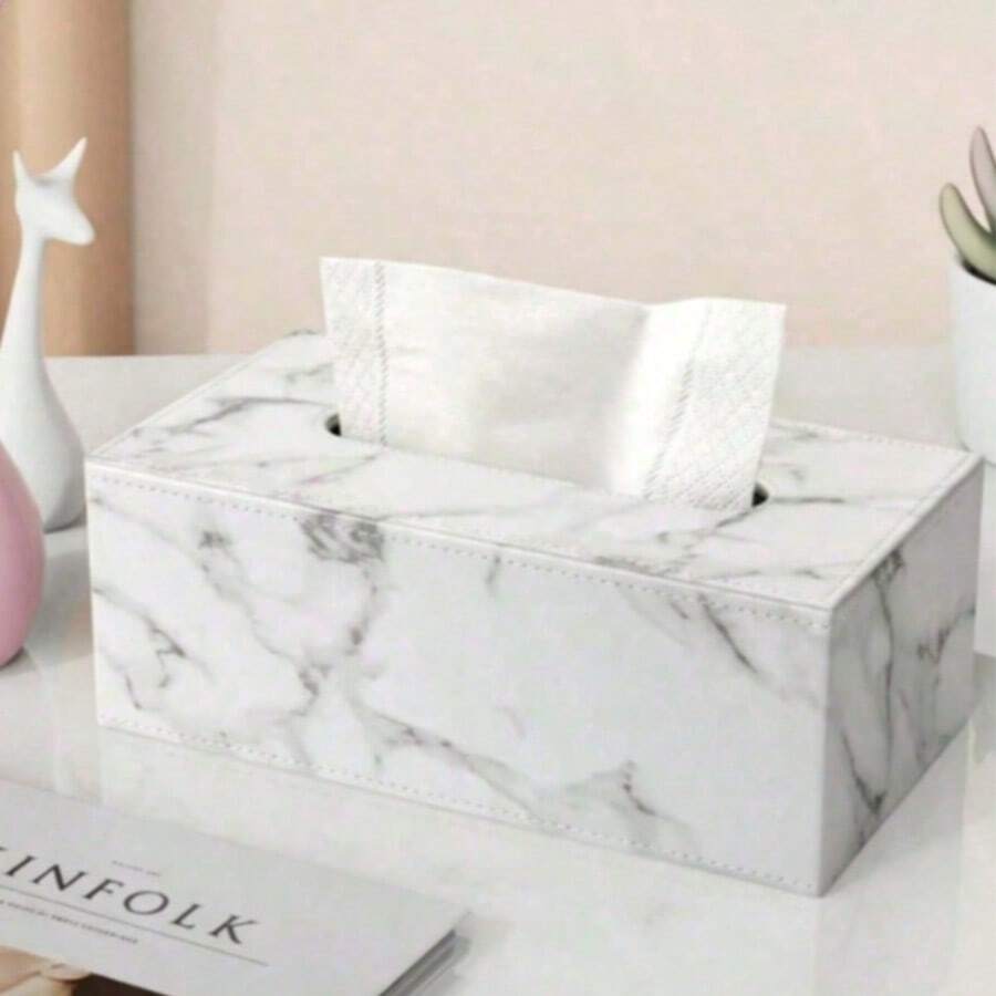 White Marble Pattern Tissue Box PU Leather White Stitching Napkin Dispenser - White Marble - View 1