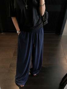 Women's Autumn/Winter Fashion Loose Fit Versatile Corduroy Drawstring Waist Casual Long Pants - Navy Blue - View 5