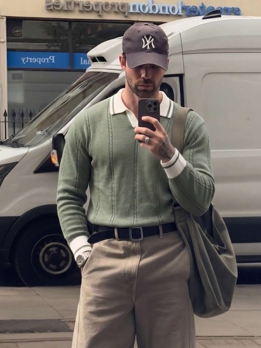 Lookun Men's Knitted Polo Collar Loose Fit Minimalist Casual Commute Patchwork Sweater, Autumn/Winter - Green - View 1