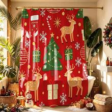 1pc Christmas Tree & Reindeer Shower Curtain, Vintage Design, Waterproof Bath Curtain, Suitable For Bathtub Partition, Bathroom Decor And Bathroom Accessories, Home Decor Gift, Includes 12 Hooks - Multicolor - View 6