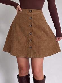 Tween Girls Tween Girl Autumn/Winter Brown Corduroy Button Decor A-Line Pastoral Versatile All-Match Casual Skirt - Khaki - View 1