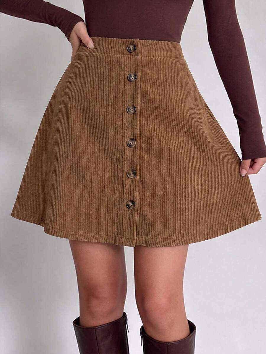 Tween Girls Tween Girl Autumn/Winter Brown Corduroy Button Decor A-Line Pastoral Versatile All-Match Casual Skirt - Khaki - View 1