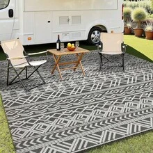 Outdoor Rug, Flatweave Texture, With Crease, Suitable For Patio, Balcony, Front Porch, Backyard, Courtyard, Bohemian Style, Gray And White - Grey Bohemian - View 4