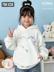 Autumn Winter Girls Fleece Lined Hoodie With Heart Butterfly Print, White Long Sleeve Pullover With Ribbed Cuffs Y2K - White - View 1