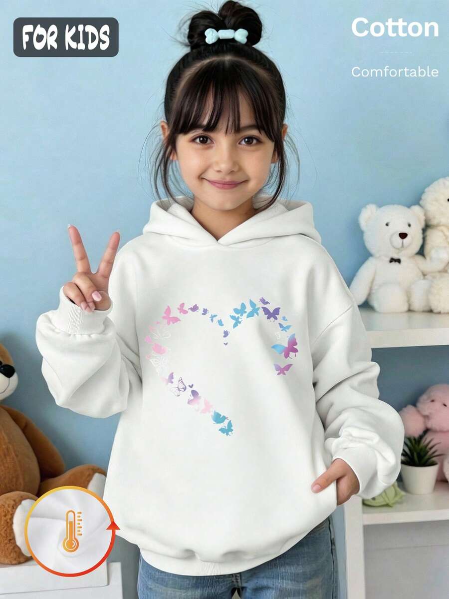 Autumn Winter Girls Fleece Lined Hoodie With Heart Butterfly Print, White Long Sleeve Pullover With Ribbed Cuffs Y2K - White - View 1
