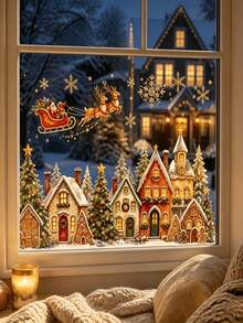 Santa Claus Sleigh Gingerbread House Town Decorative Wall Stickers Window Decals, Gold Snowflake Reindeer Christmas Tree Pattern Static Cling Stickers, PVC Material Removable And Reusable, Bedroom Christmas Wall Stickers Window Decoration Decals, B&B Gift Shop Christmas Window Display Decoration Stickers, Add Holiday Atmosphere Decorative Items, Easy Installation, Essential Christmas Decoration - Multicolor - View 6