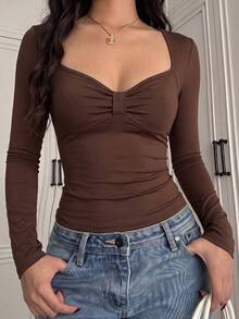 SCARLUX Fall Winter Y2K Women Brown Twist Front Long Sleeve Top, Sweetheart Neck Fitted Tee For Back To School Street Commute & Cozy Home Wear - Brown - View 2
