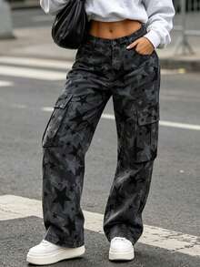 Women's Star Camo Print Cargo Pants, Dark Grey Loose Wide Leg, Multi Pockets, Outdoor Sports Y2K Street Style - Grey - View 4