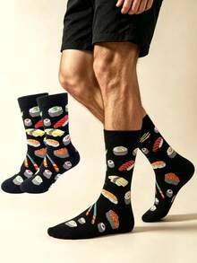 1 Pair Unisex Sushi Jacquard Mid-Calf Socks, Creative Fun Food Pattern, Comfortable Casual Socks, Autumn - Multicolor - View 1