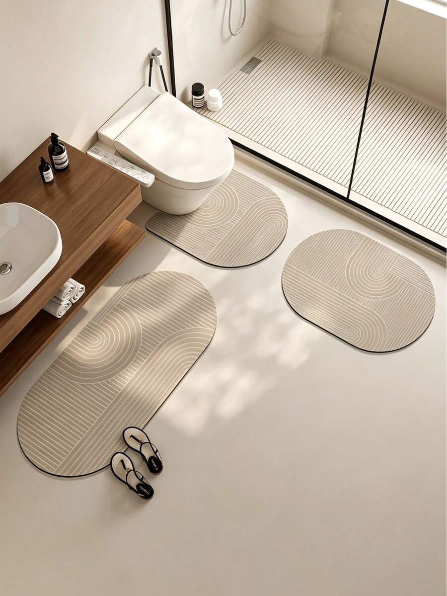 1/3 Pcs Bathroom Set, Silicone Anti-Slip Mats, Minimalist Linear Design, U-Shaped Toilet Lid Cover & Bath Mats, 2.5mm Thick Entryway Decor Bathroom Kitchen Decor Kitchen Rug