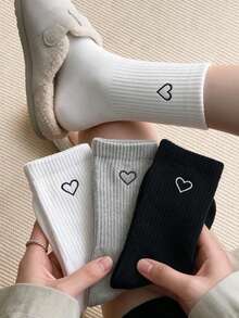 3pairs/Set Sporty Long Tube Socks With Heart Pattern, Fall - Black and White - View 1