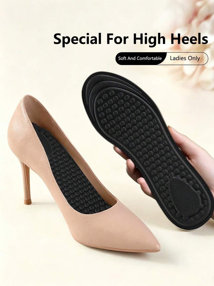 2 Pairs Women's Soft Sole Comfortable Massage Insoles, Breathable Sweat-Absorbent, Anti-Fatigue For Long Standing, High Heel Shoes & Boots Accessory - Black-round Head - View 1