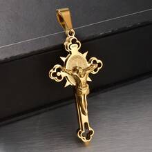 1pc Personalized 18K Gold-Plated Stainless Steel Three-Dimensional Retro Jesus Pendant Necklace, Hip-Hop Style, Suitable For Men Daily Wear - Gold - View 6